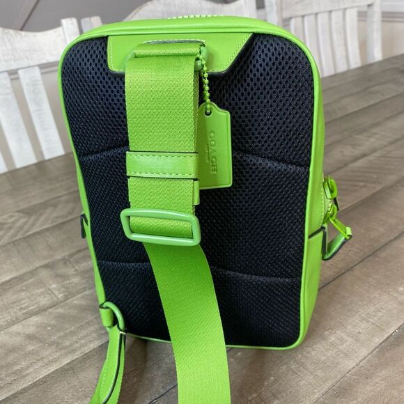 Coach Track Pack Bag Crossbody Signature Canvas Gunmetal Neon Green Leather - Picture 10 of 12
